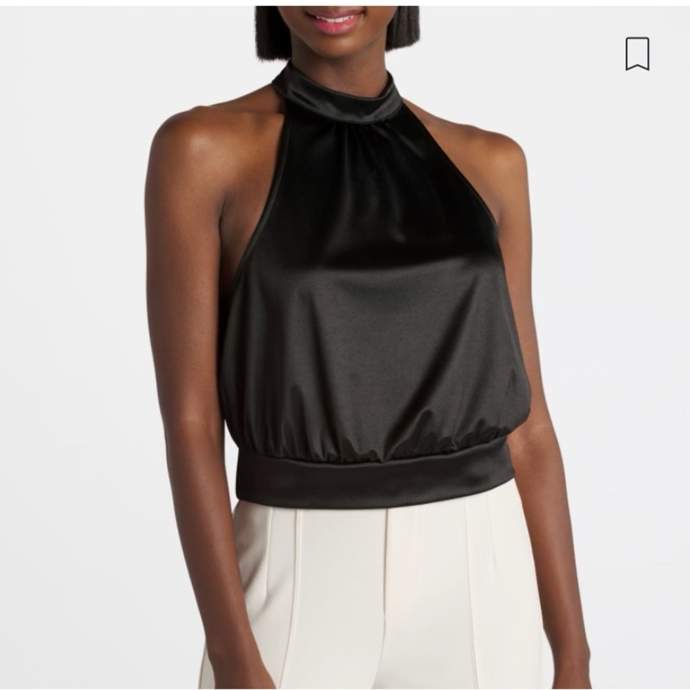 Avln Studio Perri Satin Leather Halter tie back small black Tank top